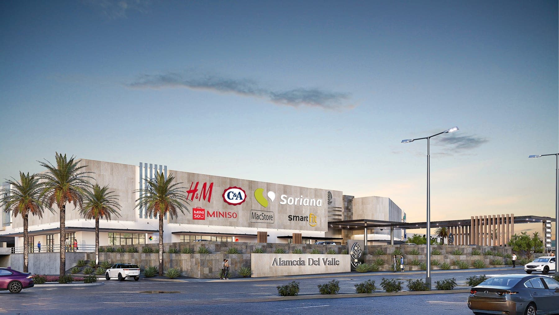 Fachada de Alameda del Valle con Soriana, H&M y C&A al atardecer